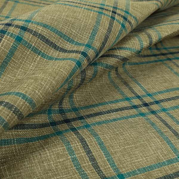 Shaldon Woven Tartan Pattern Upholstery Fabric In Wheat Beige Background With Blue