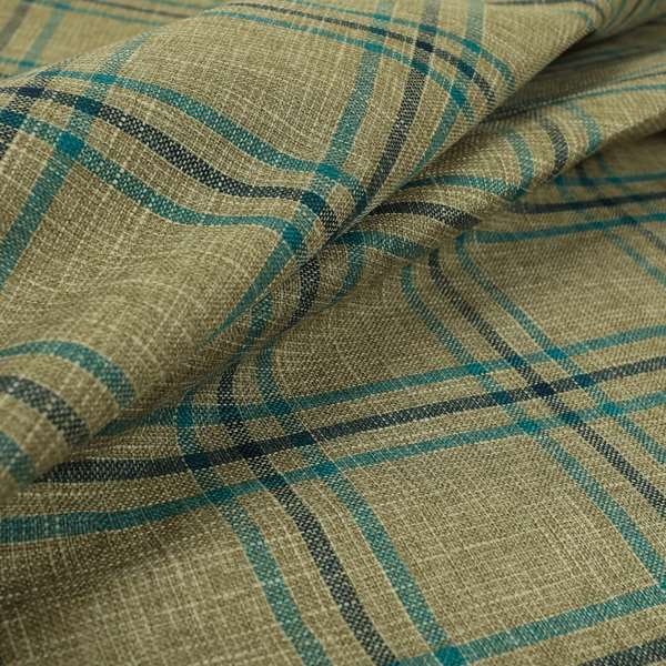 Shaldon Woven Tartan Pattern Upholstery Fabric In Wheat Beige Background With Blue - Made To Measure Curtains