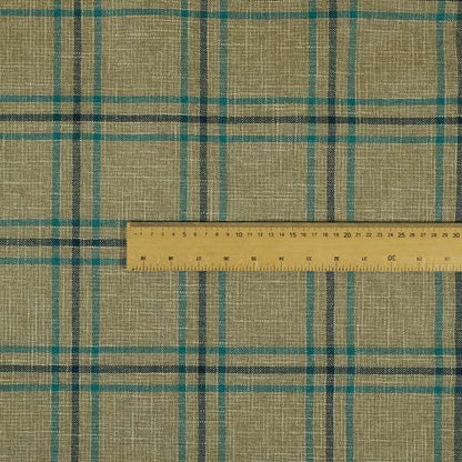 Shaldon Woven Tartan Pattern Upholstery Fabric In Wheat Beige Background With Blue