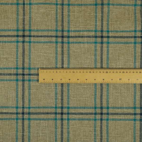 Shaldon Woven Tartan Pattern Upholstery Fabric In Wheat Beige Background With Blue - Made To Measure Curtains