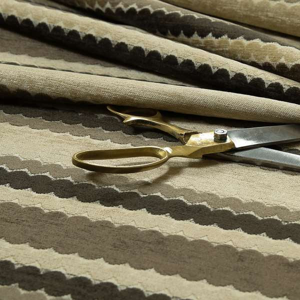 Designer Eclipsed Striped Pattern Chenille Upholstery Furnishing Fabric In Cream Light Brown Shades Colour VAL260416-69