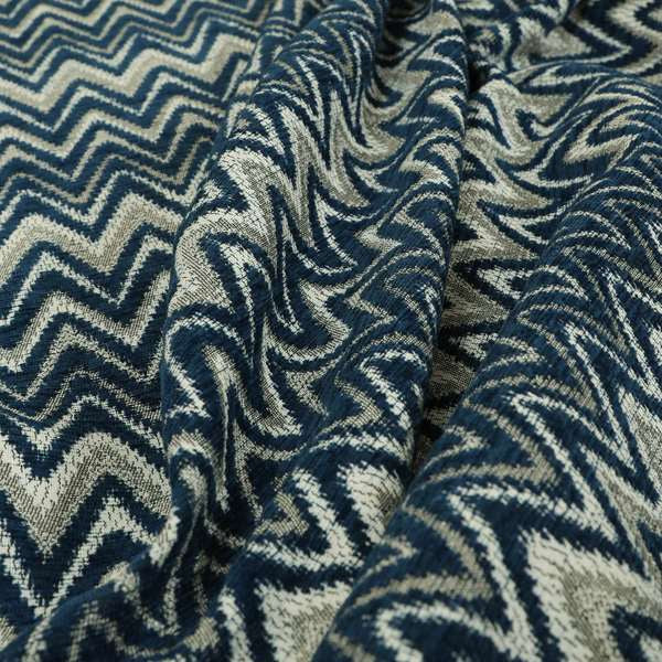 Zanzibar Chevron Pattern Soft Textured Chenille Material Blue Colour Upholstery Fabrics - Made To Measure Curtains