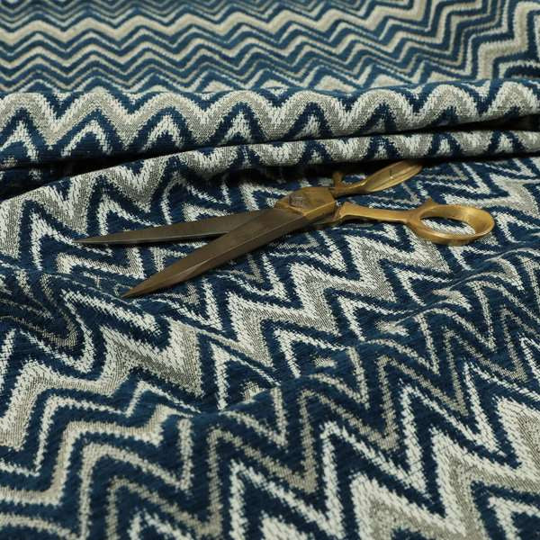 Zanzibar Chevron Pattern Soft Textured Chenille Material Blue Colour Upholstery Fabrics - Made To Measure Curtains