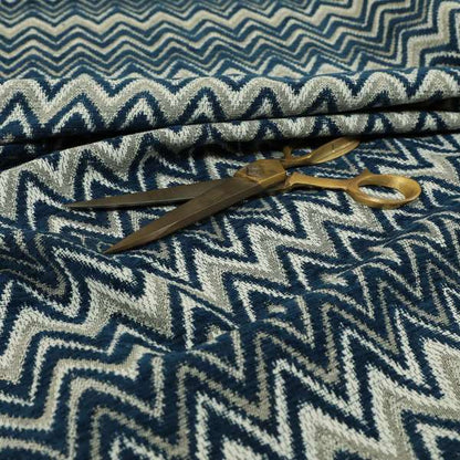 Zanzibar Chevron Pattern Soft Textured Chenille Material Blue Colour Upholstery Fabrics - Made To Measure Curtains