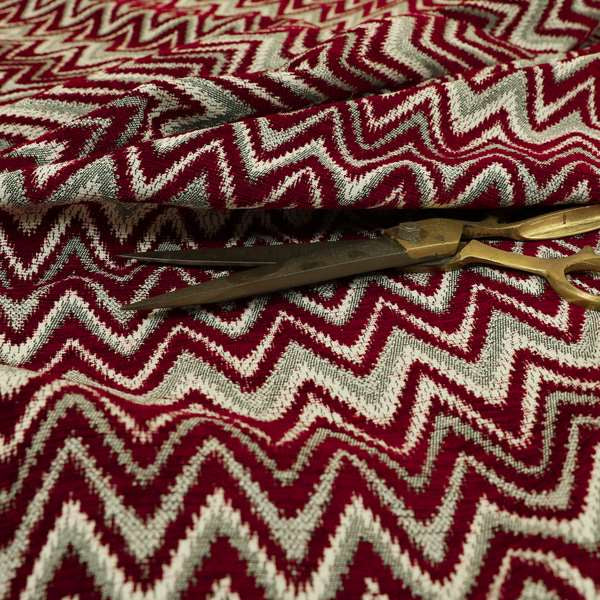 Zanzibar Chevron Pattern Soft Textured Chenille Material Red Burgundy Colour Upholstery Fabrics - Made To Measure Curtains