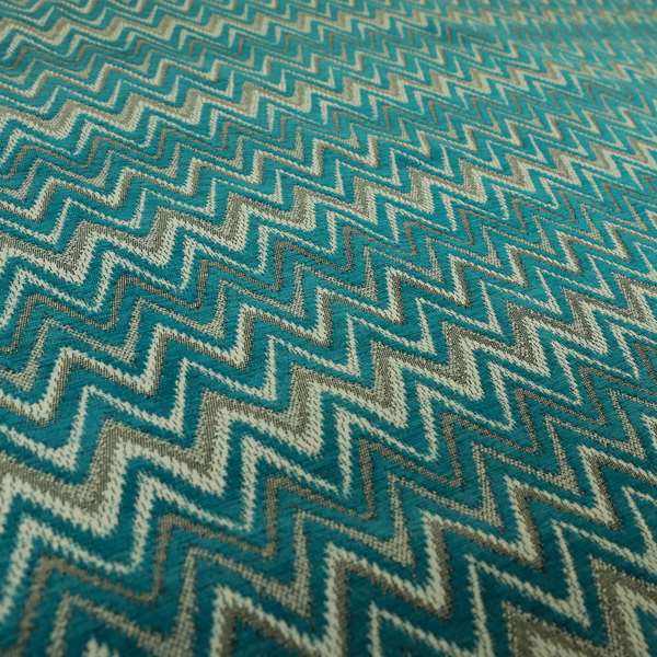 Zanzibar Chevron Pattern Soft Textured Chenille Material Blue Teal Colour Upholstery Fabrics - Made To Measure Curtains