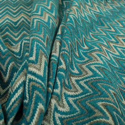 Zanzibar Chevron Pattern Soft Textured Chenille Material Blue Teal Colour Upholstery Fabrics - Made To Measure Curtains